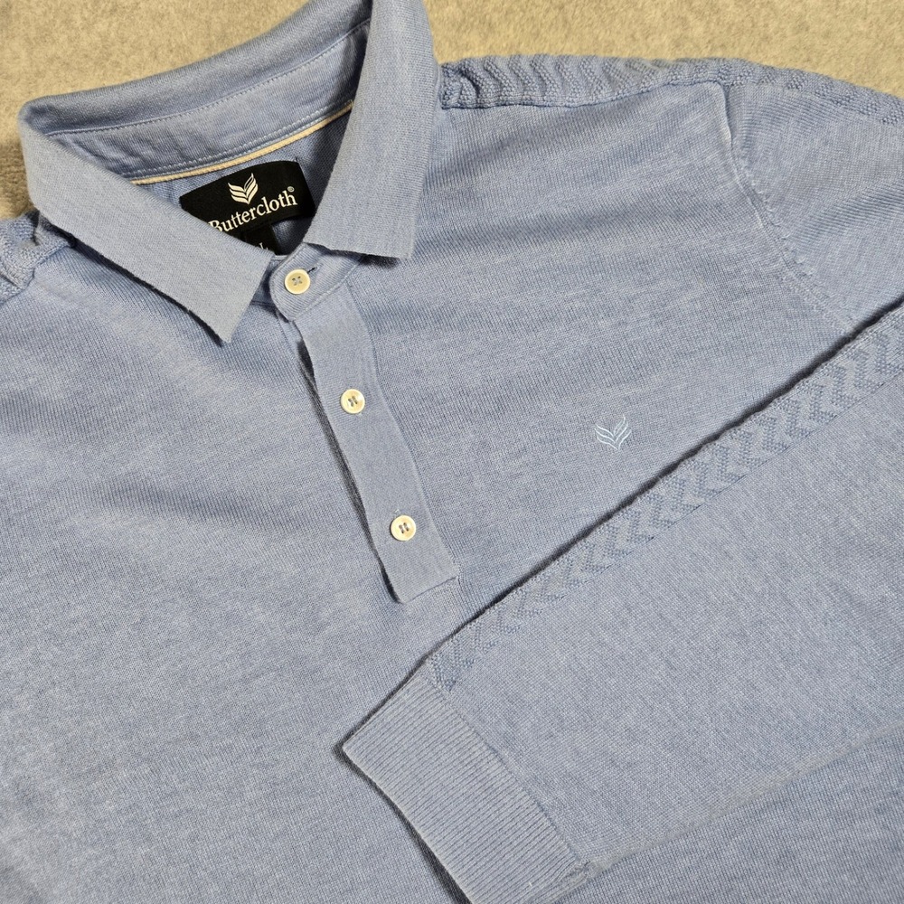 Buttercloth Mens Long Sleeve Polo Sweater Light Blue Textured Knit Size Large